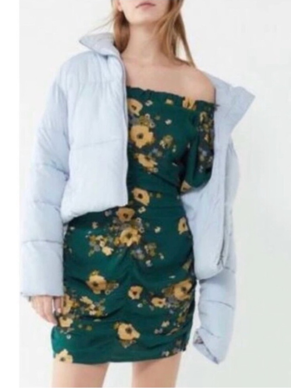 Urban Outfitters Dress Size 2 Green Floral Puff Sleeve Off Shoulder Mini Cottage